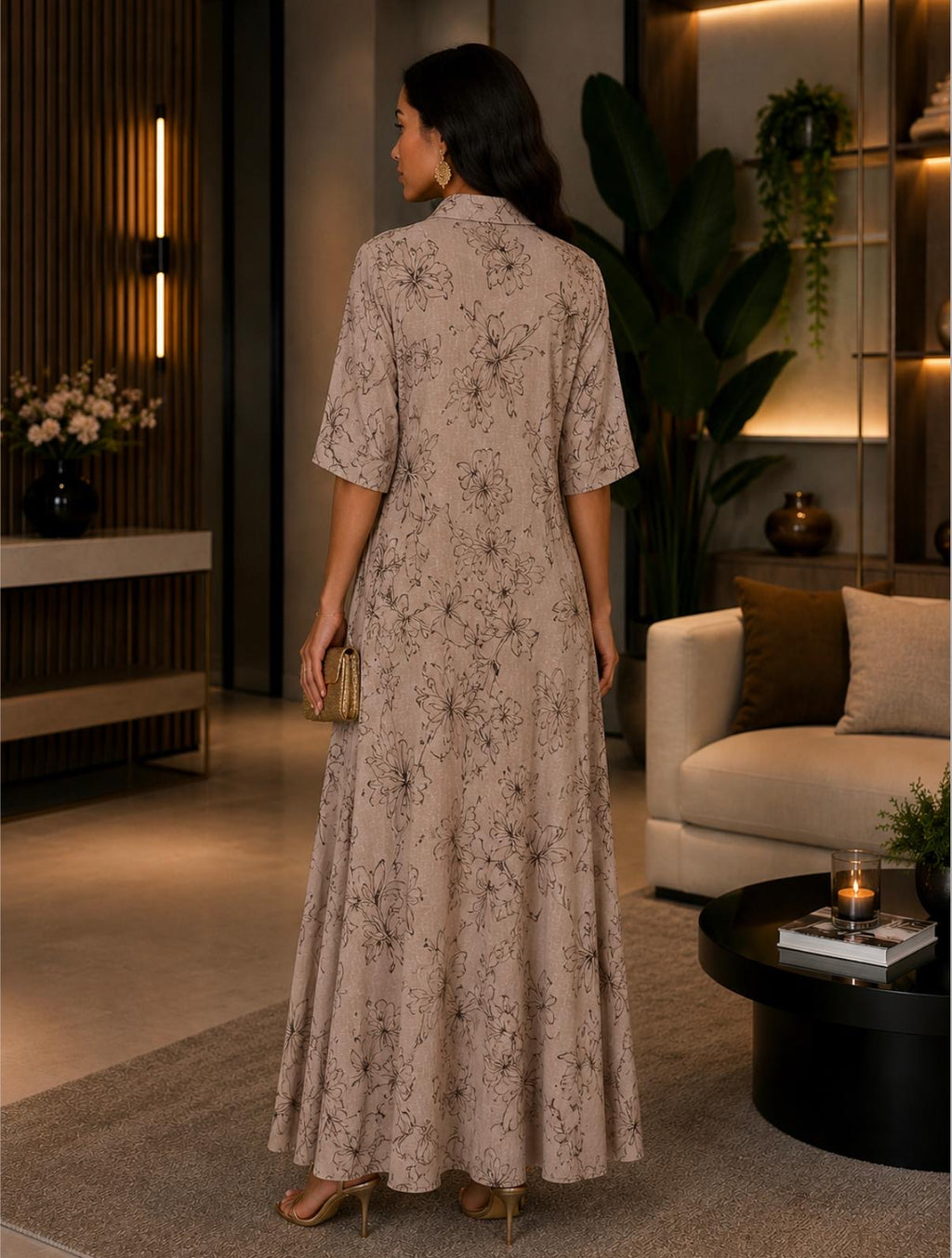 VESTIDO LINHO FLORAL NUDE