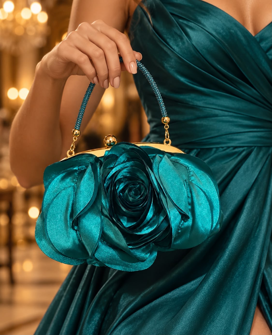 POCHETE VERDE PETRÓLEO ACETINADA COM FLOR