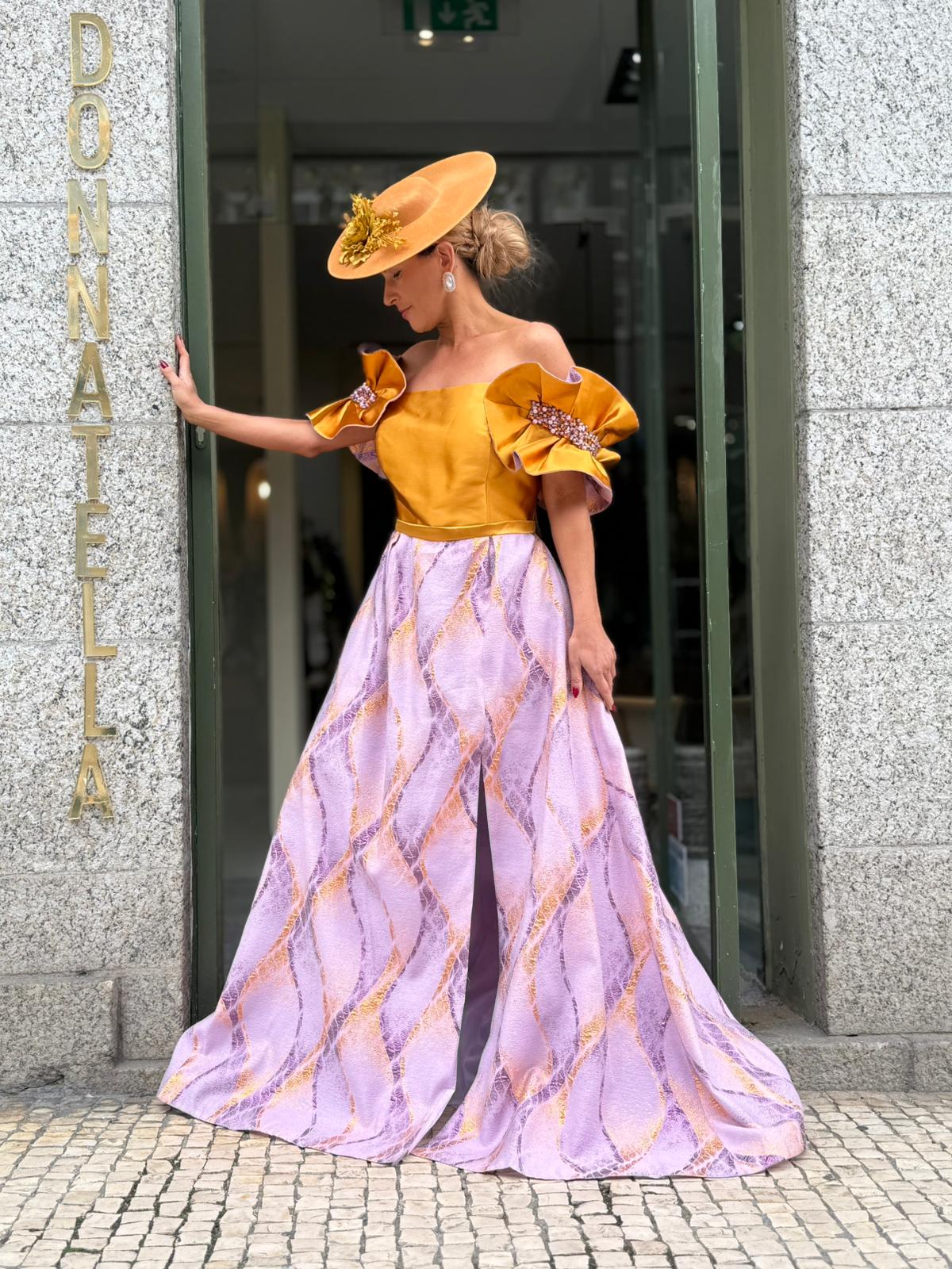 VESTIDO BICOLOR DOURADO E LILÁS