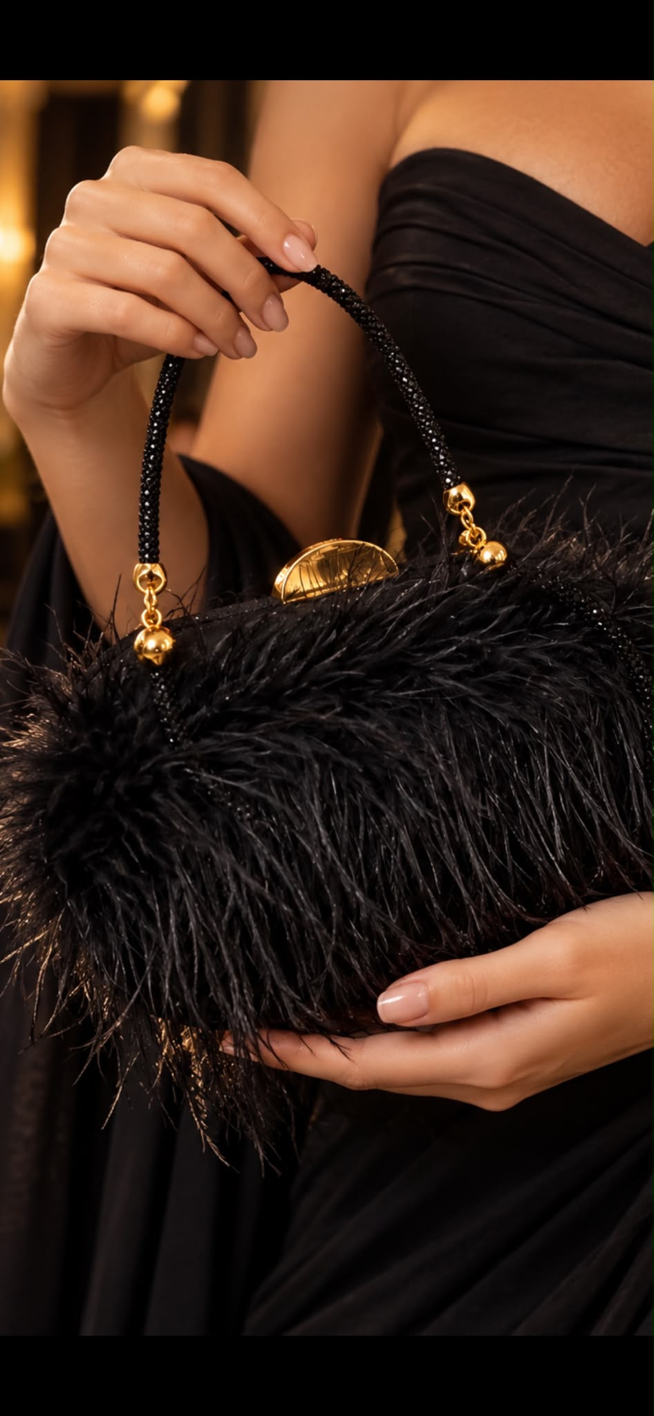 POCHETE PRETA COM PLUMAS