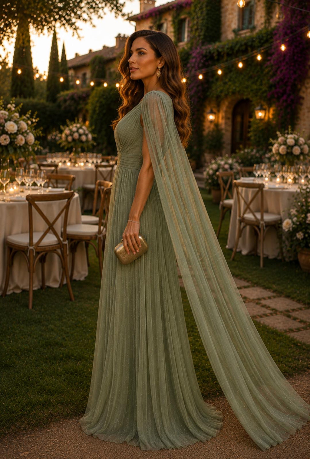 VESTIDO COMPRIDO COM MANGA CAPA