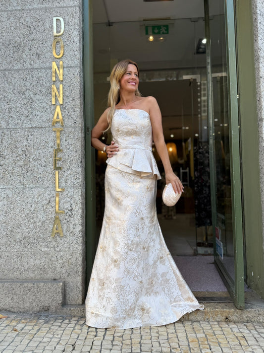 VESTIDO CHAMPAGNE COM PADRÃO FLORAL